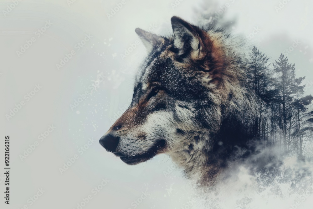 Wolf double exposure forest Wolf double exposure forest