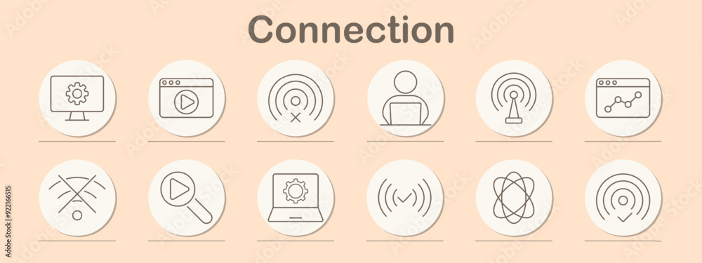 Connection icon set. Desktop settings, play button, Wi-Fi, user, analytics, network, search, router, cloud, tech, connection, digital communication, internet, online services, connectivity, technology Connection icon set. Desktop settings, play button, Wi-Fi, user, analytics, network, search, router, cloud, tech, connection, digital communication, internet, online services, connectivity, technology