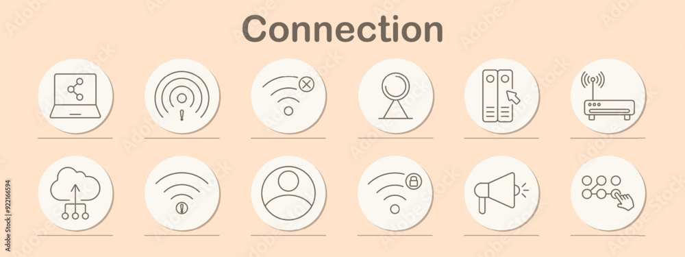 Connection set icon. Laptop, Wi-Fi, warning, satellite, router, cloud, upload, signal, user, megaphone, remote access, wireless, internet, connection, network, data, technology, online Connection set icon. Laptop, Wi-Fi, warning, satellite, router, cloud, upload, signal, user, megaphone, remote access, wireless, internet, connection, network, data, technology, online
