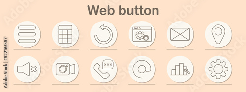 Web button set icon. Menu, refresh, settings, email, location, speaker, video, call, chat, upload, analysis, settings, navigation, interface, website, internet, media, technology, ui, communication
