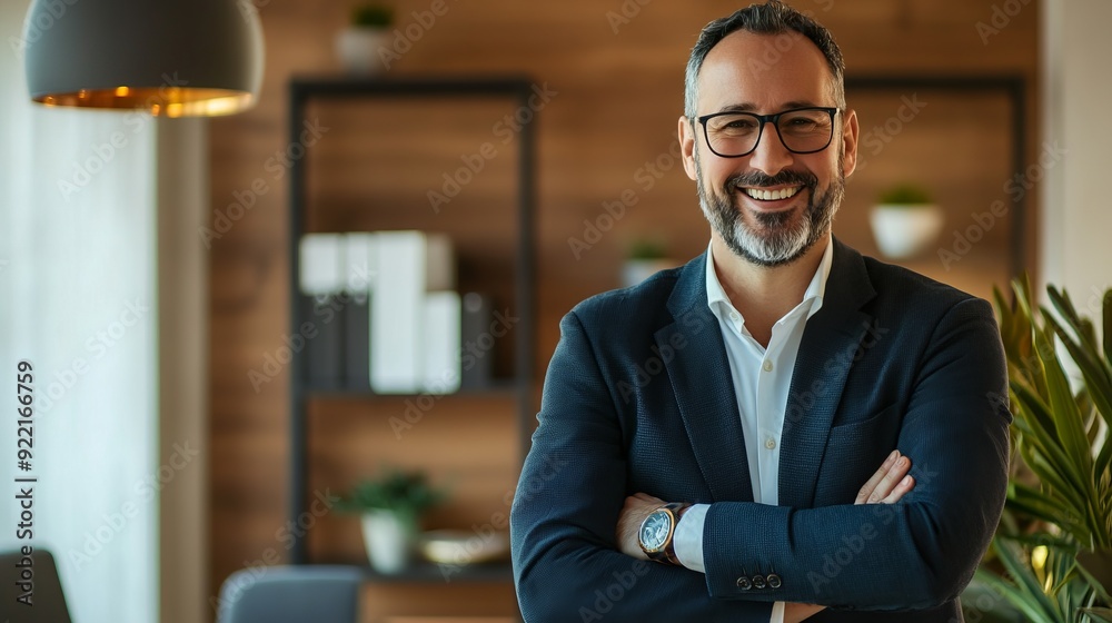 Fototapeta premium Confident Businessman Smiling in Modern Office