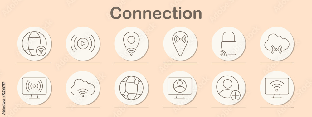Connection set icon. Globe, Wi-Fi, video, location, lock, cloud, broadcast, monitor, profile, network, wireless, internet, connection, digital, online, communication, security, icon, remote, signal Connection set icon. Globe, Wi-Fi, video, location, lock, cloud, broadcast, monitor, profile, network, wireless, internet, connection, digital, online, communication, security, icon, remote, signal