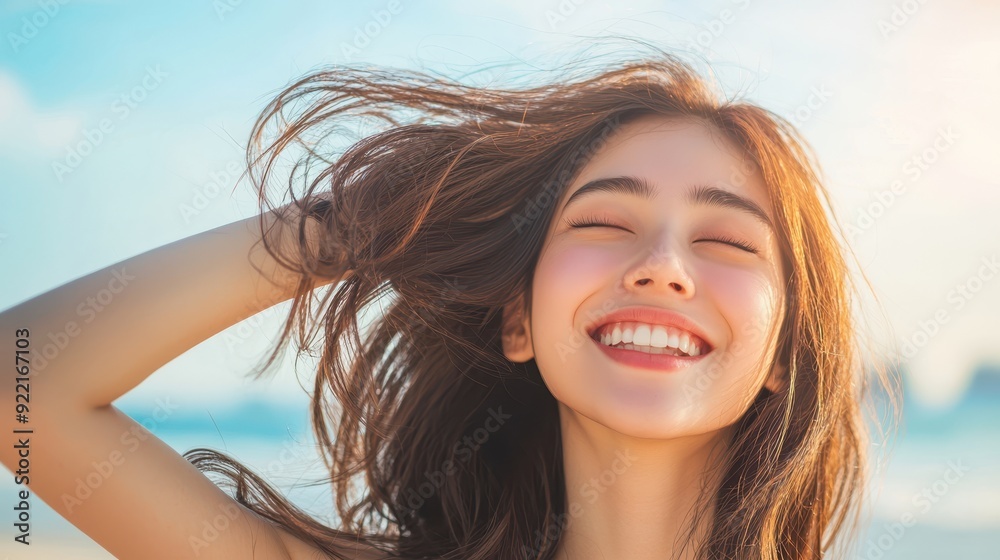 A joyful young woman enjoying the beach with flowing hair and a radiant smile, embodying happiness and warmth in a sunny setting. A joyful young woman enjoying the beach with flowing hair and a radiant smile, embodying happiness and warmth in a sunny setting.
