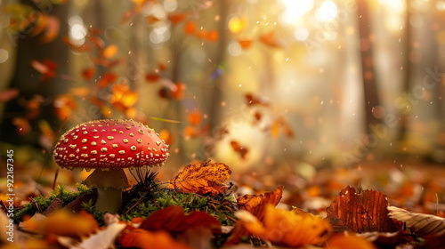 A red mushroom growing in a Autumn forest on a bright bokeh background. photo