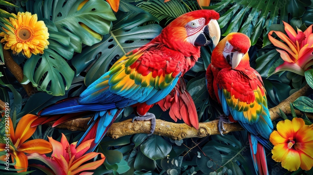 Obraz premium Macaw parrots are interacting on a branch surrounded by lush greenery and colorful flowers in a rainforest