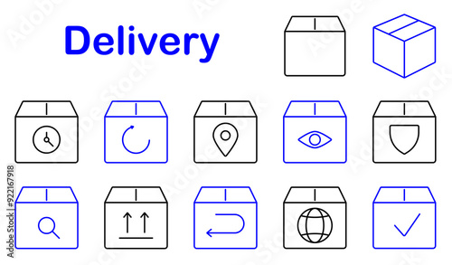 Delivery set icon. Box, clock, refresh, location, tracking, security, global, shipping, package, return, delivery time, logistics, online order, parcel, distribution, transport, ecommerce, handling.