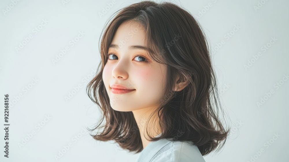 Portrait of a young woman smiling softly, showcasing natural beauty and a warm expression against a bright background. Portrait of a young woman smiling softly, showcasing natural beauty and a warm expression against a bright background.