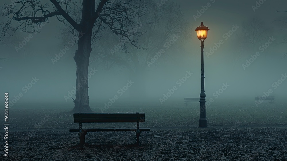 An empty park bench sits under a streetlamp in a quiet, foggy park at night, creating a mood of solitude and stillness. An empty park bench sits under a streetlamp in a quiet, foggy park at night, creating a mood of solitude and stillness.