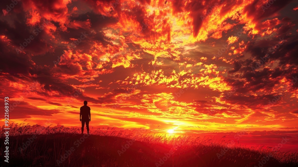 Fototapeta premium A lone figure stands on a hilltop, silhouetted against a dramatic sunset sky, contemplating the vastness of the horizon and their place in the world.