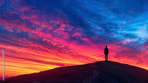 A lone figure stands on a hilltop, silhouetted against a dramatic sunset sky, contemplating the vastness of the horizon and their place in the world.