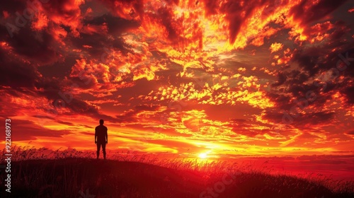 A lone figure stands on a hilltop, silhouetted against a dramatic sunset sky, contemplating the vastness of the horizon and their place in the world.