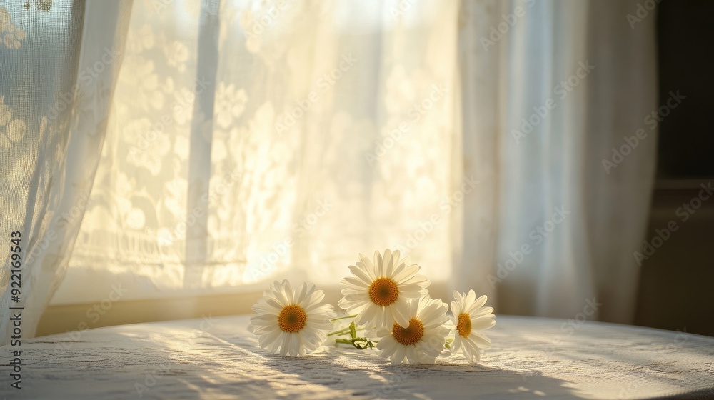 A serene scene with white daisies on a table, curtains drawn back slightly, sunlight creating beautiful patterns on the table. A serene scene with white daisies on a table, curtains drawn back slightly, sunlight creating beautiful patterns on the table.