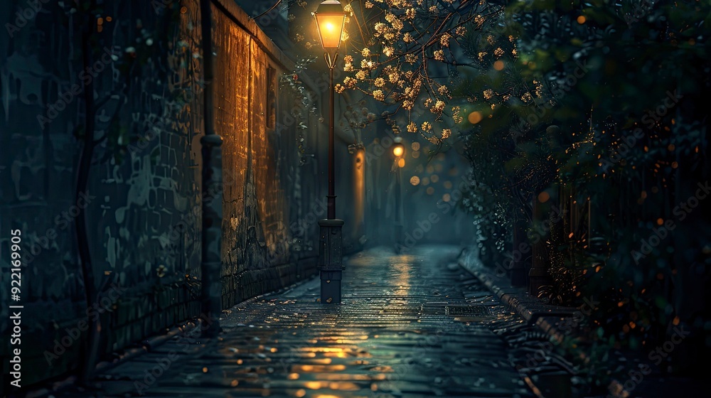 A single lamp post illuminates a narrow, empty street at night, casting long shadows and creating an eerie, solitary scene. A single lamp post illuminates a narrow, empty street at night, casting long shadows and creating an eerie, solitary scene.