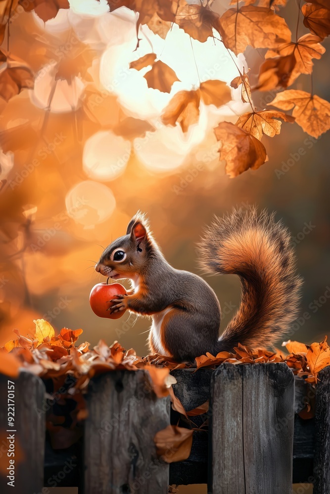 Obraz premium Adorable Cartoon Squirrel with Apple on Wooden Fence | Autumn Leaves | Golden Hour Lighting | Side View | Soft Focus Background | Perfect for Fall and Nature Themes