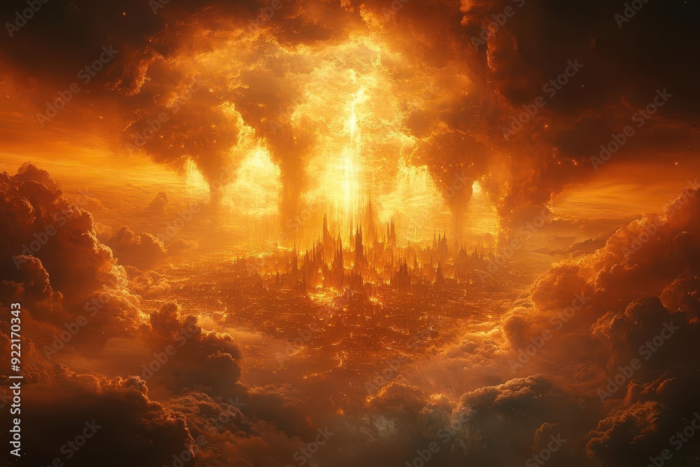 Fototapeta premium apocalyptic vision of new jerusalem descending shimmering golden city dramatic clouds divine light surreal landscape