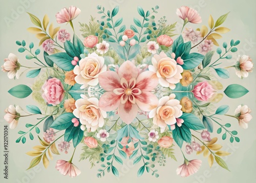 Pastel Bloomery Symmetry: Soft pastel hues, symmetrical floral arrangements, abstract shapes, minimalistic style