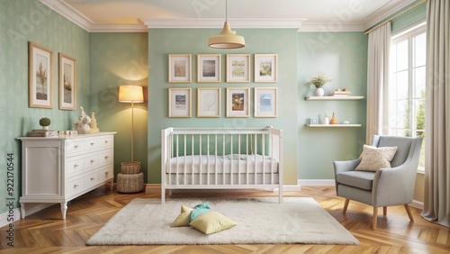 Pastel-hued nursery wall features a white crib adorned with a delicate mobile, surrounded by framed art and a plush area rug in a serene atmosphere. photo