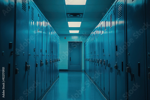 Modern School Hallway with Blue and Teal Lockers  Showcased in a Cinematic Wide-Angle Shot with Warm Lighting and Clean  Contemporary Design.