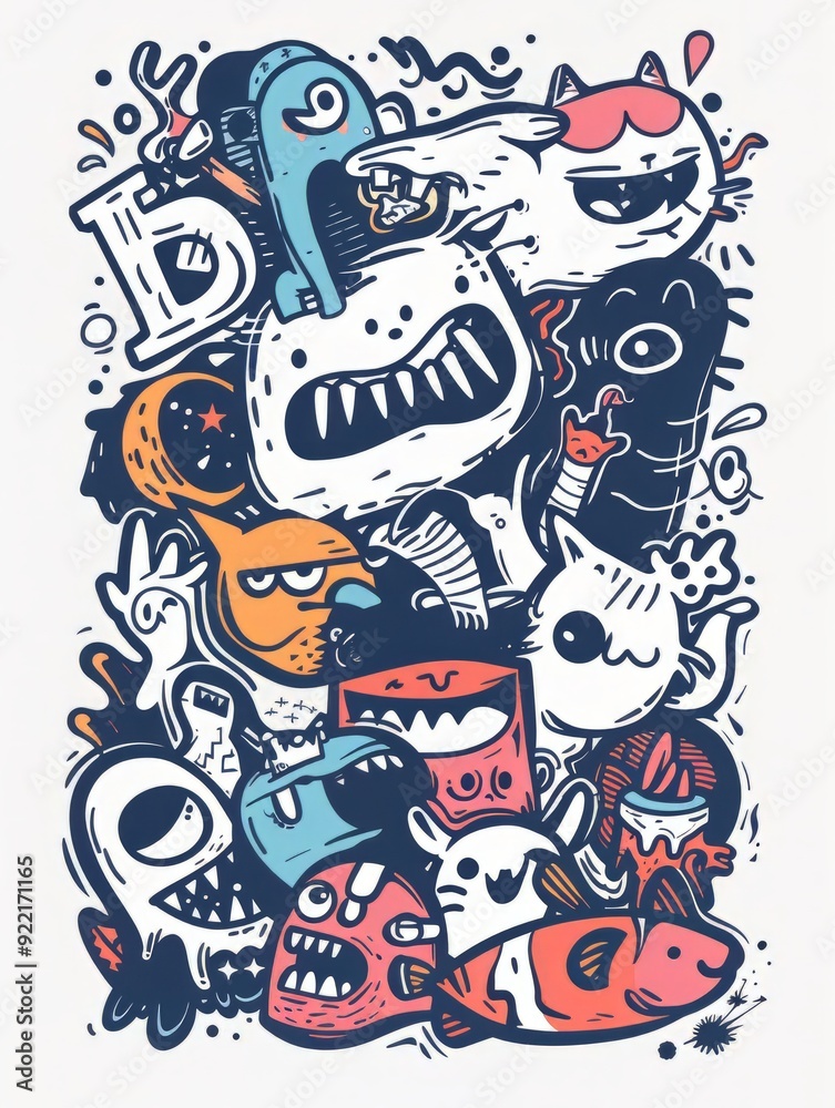 Obraz premium Doodle Art Illustration for Merchandise Clothing, Fashion Textile, Sport Apparel and Clothes Design Printing, Street Art Graffiti Pattern, Colorful Streetwear Design Bundle.