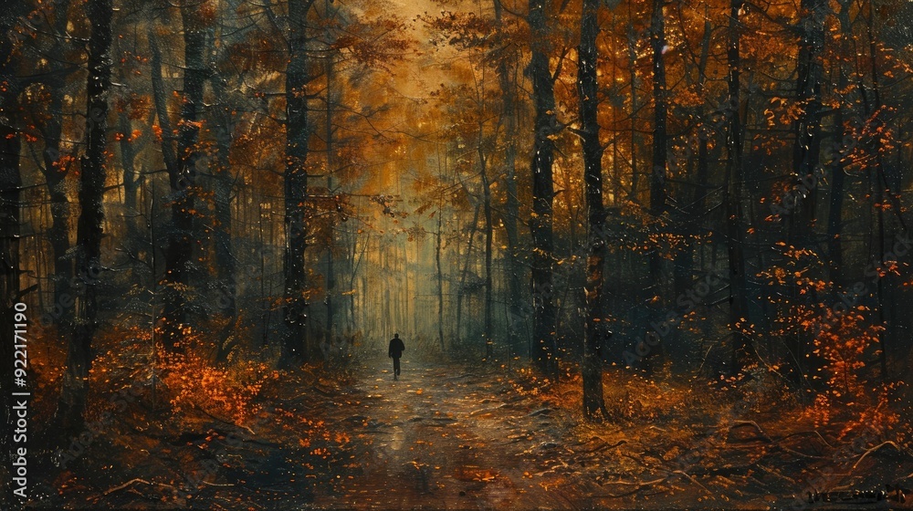 Fototapeta premium A solitary figure walks along a narrow path through a dense forest, the tall trees creating a canopy overhead and the ground covered in fallen leaves, evoking a sense of mystery and solitude.