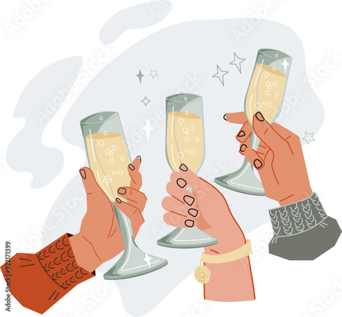 Adobe Banner with hands clinking glasses of wine or champagne, vector illustration isolated on background. Christmas, party and celebration concept.Illustrator Artwork