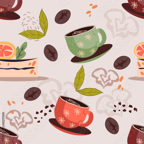 Seamless pattern design with coffee cups and cake, vector illustration. Design for poster, card or for coffeehouse and packaging.