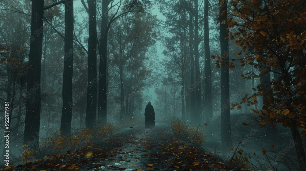 A solitary figure walks through a misty forest, the tall trees creating a canopy overhead and the ground covered in fallen leaves, evoking a sense of mystery and solitude. A solitary figure walks through a misty forest, the tall trees creating a canopy overhead and the ground covered in fallen leaves, evoking a sense of mystery and solitude.
