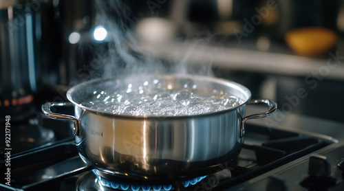 a pot of boiling water on a gas stove photo