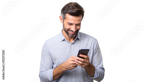 Man using smartphone isolated on transparent background