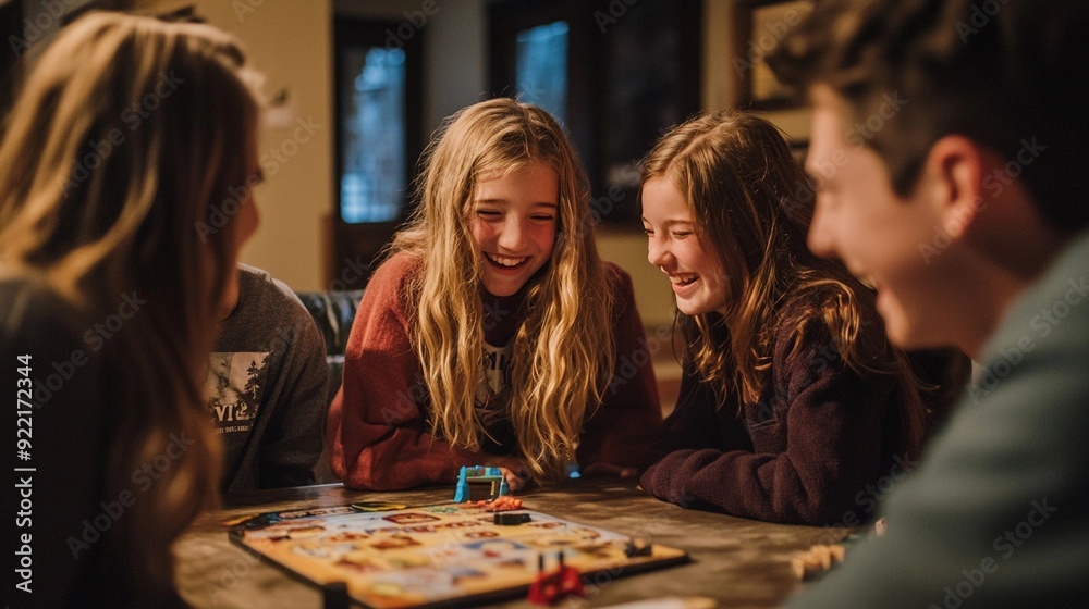 Fototapeta premium Group of kids playing board game at home. Children having fun together.