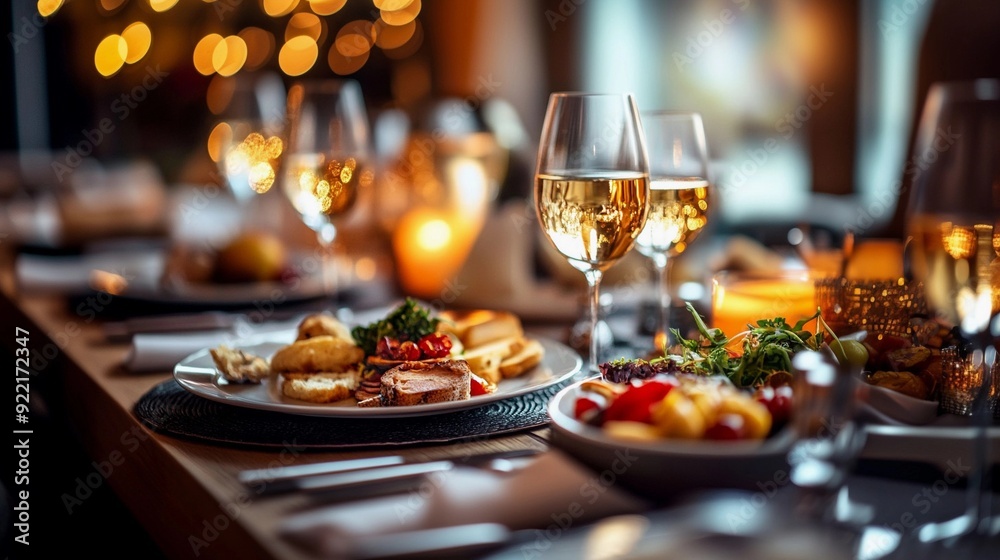 Restaurant table with glasses of white wine and appetizers. Restaurant table with glasses of white wine and appetizers.