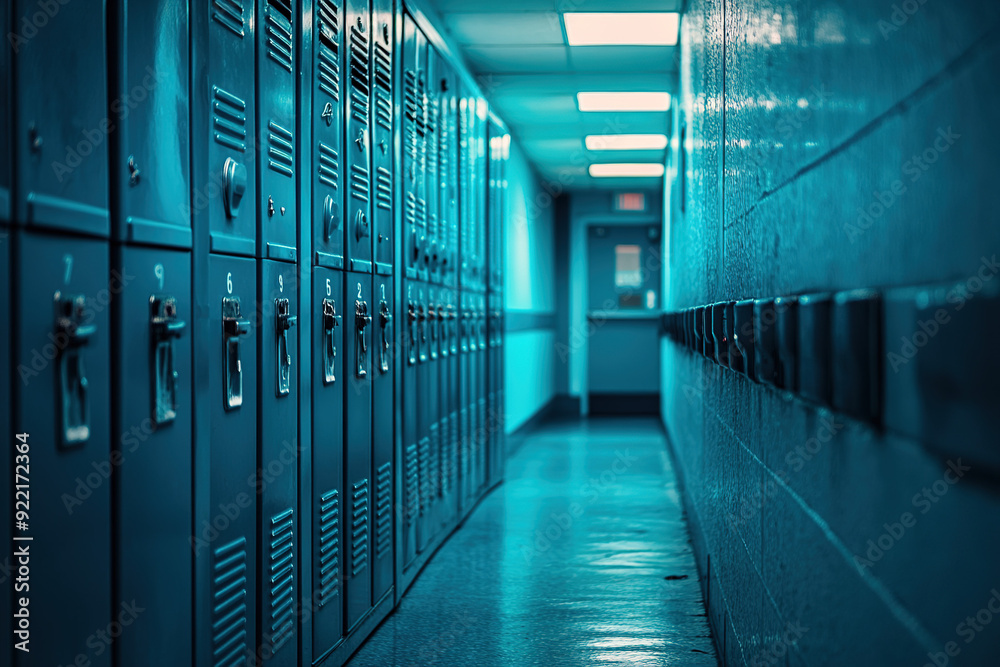 Warmly Illuminated School Corridor with Blue and Teal Lockers in a Cinematic Wide-Angle Perspective, Featuring Modern and Clean Design Elements. Warmly Illuminated School Corridor with Blue and Teal Lockers in a Cinematic Wide-Angle Perspective, Featuring Modern and Clean Design Elements.