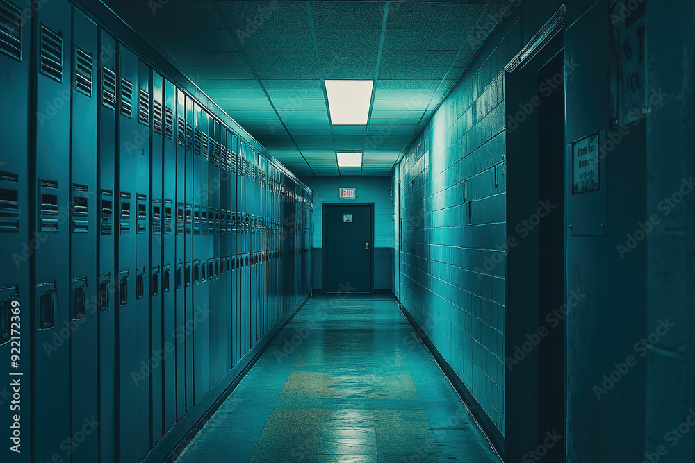 Warmly Illuminated School Corridor with Blue and Teal Lockers in a Cinematic Wide-Angle Perspective, Featuring Modern and Clean Design Elements. Warmly Illuminated School Corridor with Blue and Teal Lockers in a Cinematic Wide-Angle Perspective, Featuring Modern and Clean Design Elements.
