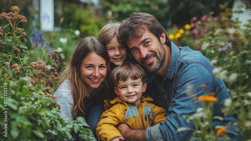 Portrait of a happy family in the garden on a sunny day Portrait of a happy family in the garden on a sunny day