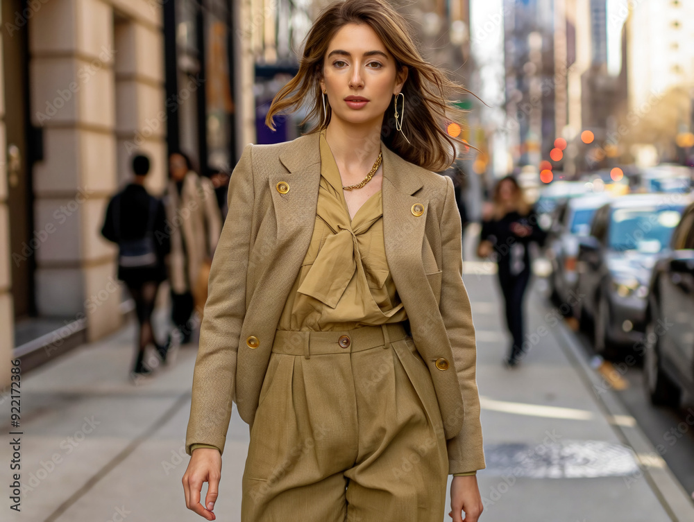 A woman in a tan jacket and pants walks down a city street. She is the main focus of the image, and the other people in the background are barely visible. The scene has a casual, everyday feel to it A woman in a tan jacket and pants walks down a city street. She is the main focus of the image, and the other people in the background are barely visible. The scene has a casual, everyday feel to it