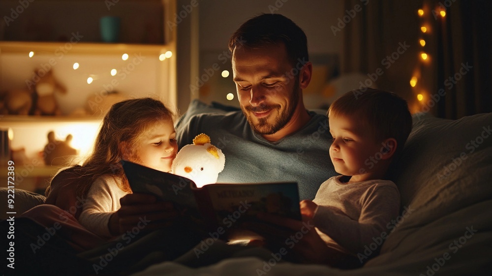 father with kids reading book in bed at home at christmas night father with kids reading book in bed at home at christmas night