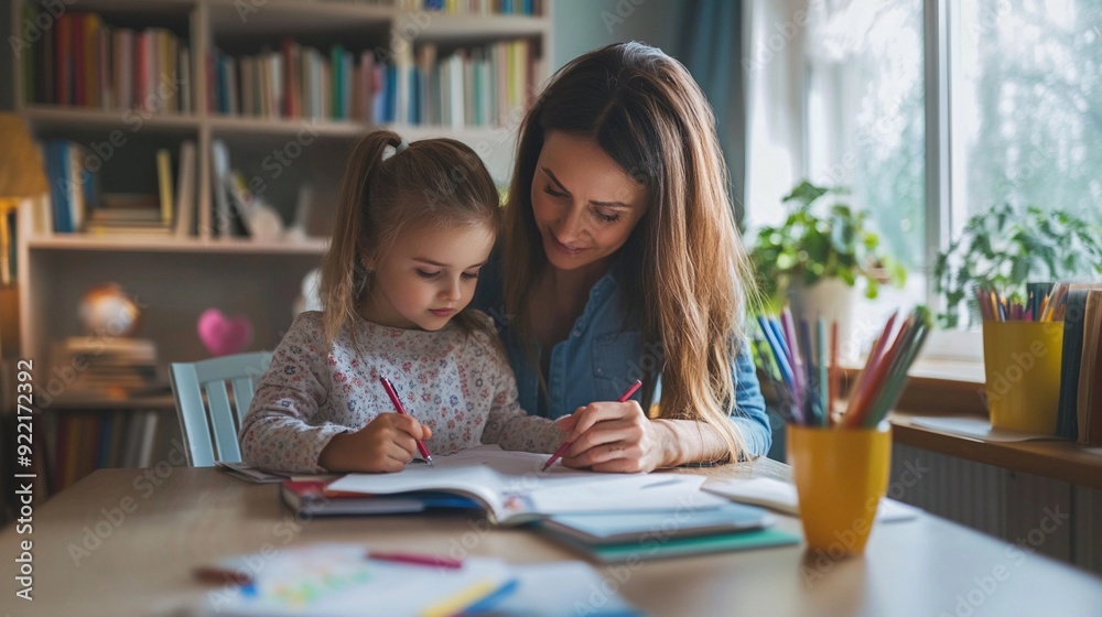 girl studying in classroom, Mother helping her daughter with homework at home. girl studying in classroom, Mother helping her daughter with homework at home.