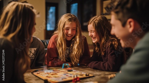 Group of kids playing board game at home. Children having fun together.