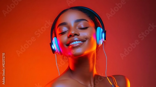 A joyful young Black woman enjoys music with headphones, her eyes closed in bliss, set against a vibrant orange and purple gradient background.