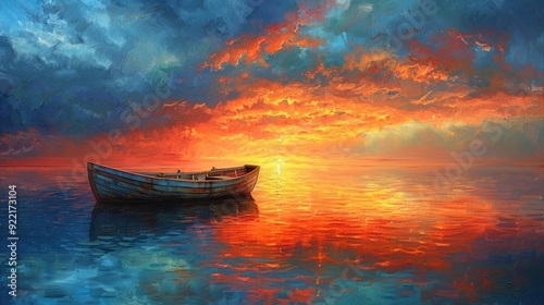 A lone boat anchored in a calm bay at sunset, the water reflecting the vibrant colors of the sky, captures a serene moment of solitude.