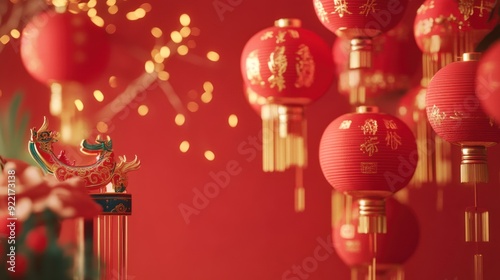 Red Lanterns and Dragon Statue for Chinese New Year