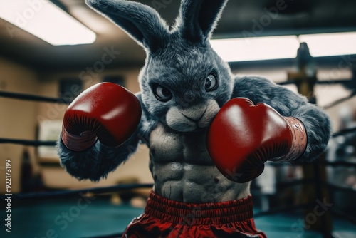 A strong gray rabbit stands in a boxing ring, wearing red gloves, poised for action in a lively gym atmosphere