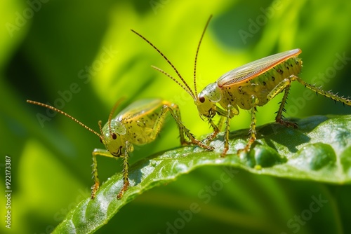 Grasshoppers resting on vibrant green leaves during a sunny day in a lush garden