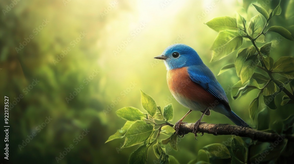 A blue bird peacefully perched on a branch, surrounded by lush greenery, capturing a moment of calm in the wild. A blue bird peacefully perched on a branch, surrounded by lush greenery, capturing a moment of calm in the wild.