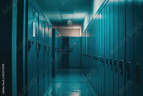 Modern School Hallway with Blue and Teal Lockers, Highlighted in a Wide-Angle Cinematic Shot with Warm, Inviting Lighting and Clean Lines.