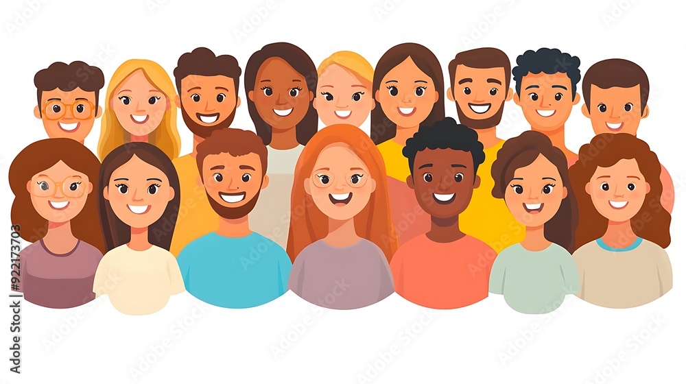 Diverse group of young adults, featuring both genders and various ethnicities, all smiling against a plain background, showcasing unity and happiness. Diverse group of young adults, featuring both genders and various ethnicities, all smiling against a plain background, showcasing unity and happiness.
