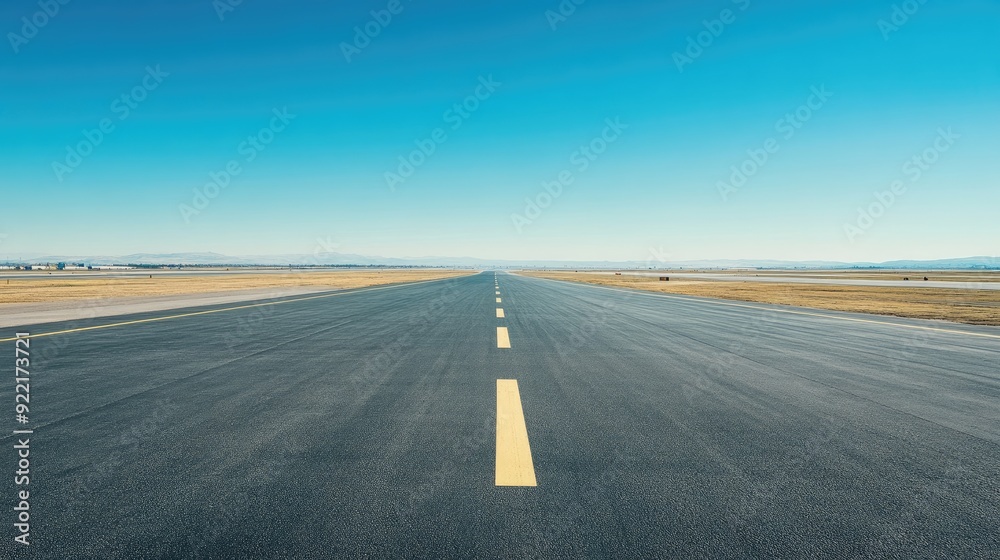 Fototapeta premium An empty airport runway under a clear blue sky, perfect for showcasing aviation and travel themes, wide-angle view