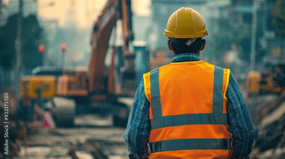 An engineer in a safety vest and helmet, working on a construction site with heavy machinery in the background, overseeing roadwork operations. An engineer in a safety vest and helmet, working on a construction site with heavy machinery in the background, overseeing roadwork operations.