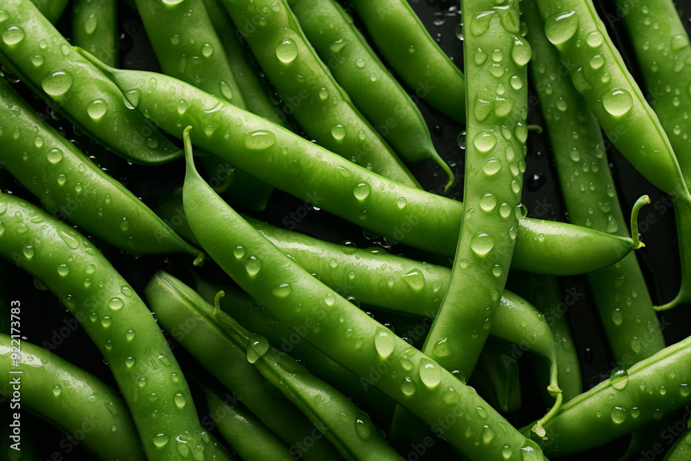 Fresh green beans with water drops background Fresh green beans with water drops background