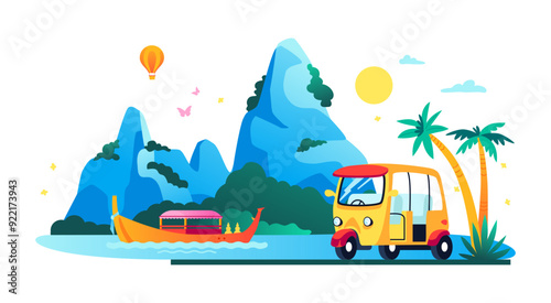 Khao Phing Kan island - modern colored vector illustration with James Bond rock and tourist transport of Thailand - longtail boat and small tuk-tuk bus. Summer in the tropics, welcome to Asia idea